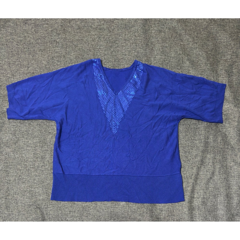 Unbranded Womens Blue Short Sleeve Sequin V-Neck Knit Sweater Top